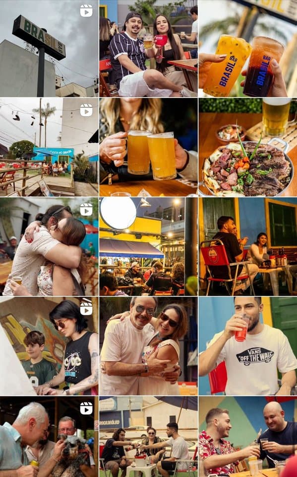 Grade do feed do Brasil Bar com pratos, drinks e clientes no bar.