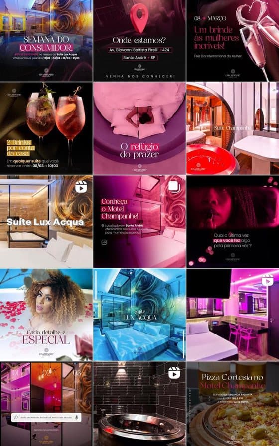 Grade do feed do Champanhe Concept Motel com suítes em luz rosada e drinks.